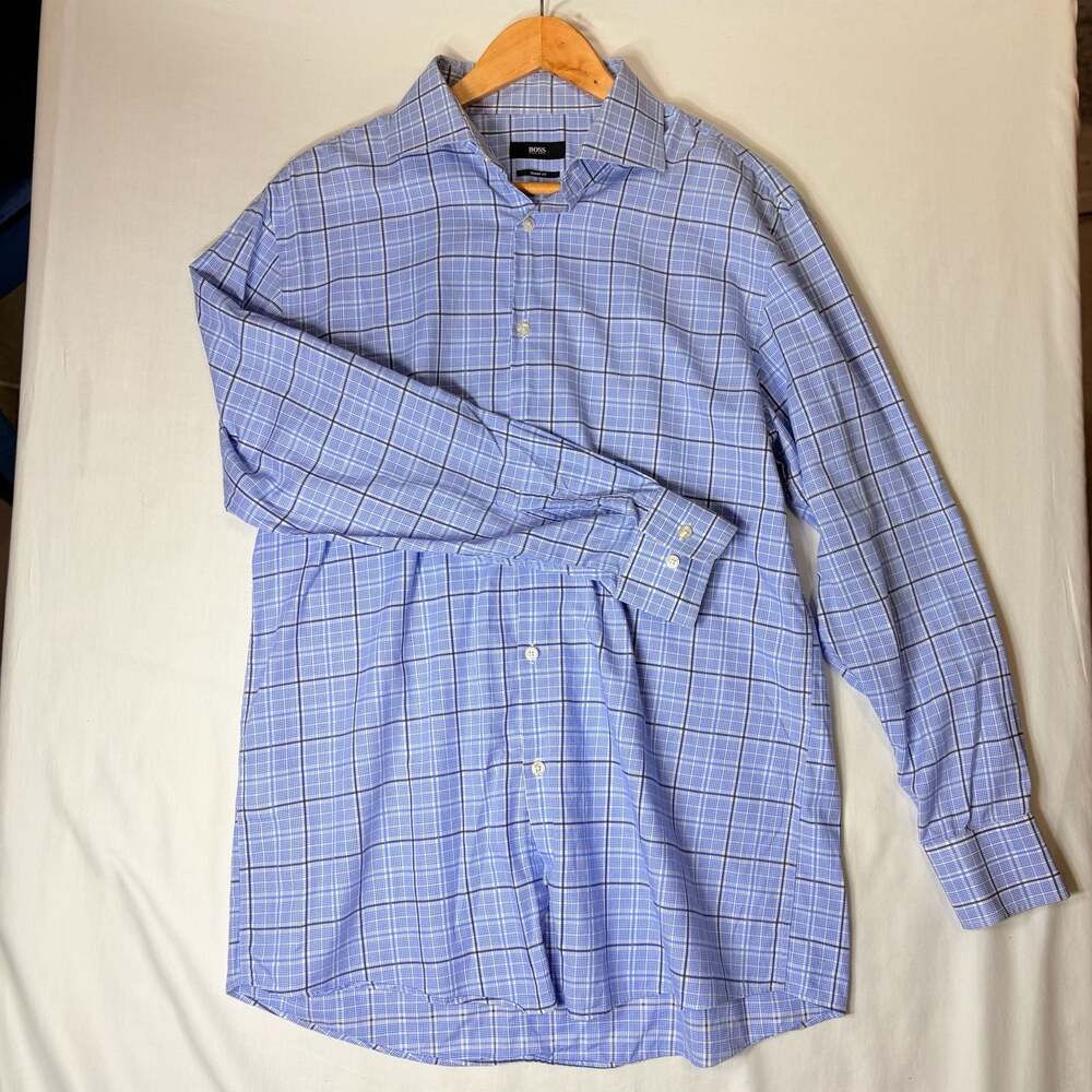 HUGO BOSS Mens Sharp Fit Blue and White Plaid Dress Shirt Size 16.5 32/33